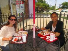 Friends enjoying lunch at Plush Pup Gyros in Chicago